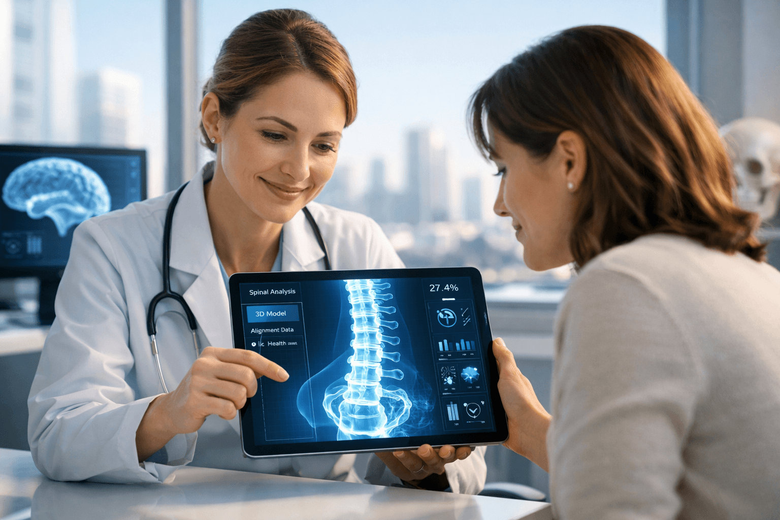 Patient consulting with surgeon about 3D spine model