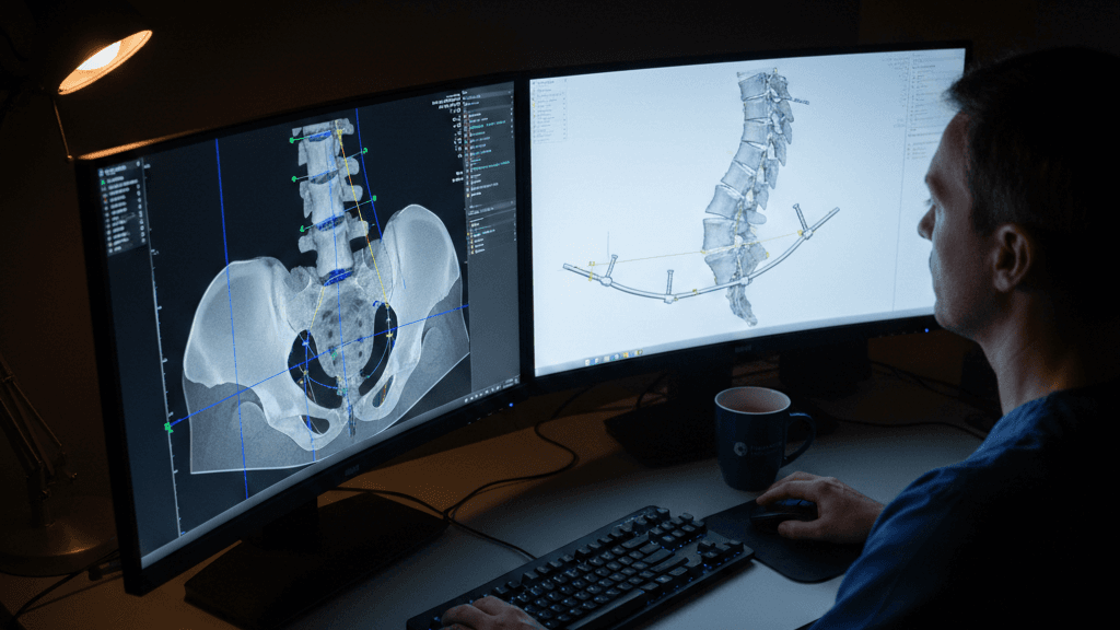Surgeon workstation with dual ultrawide monitors showing spinal CT reconstruction and 3D surgical plan