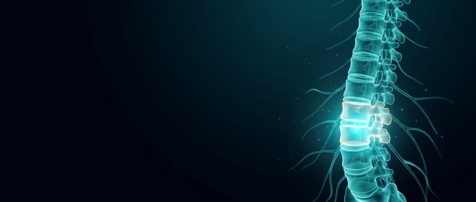 Luminous three-dimensional visualisation of a spinal column with nerve roots branching from it, two segments lit brighter than the rest
